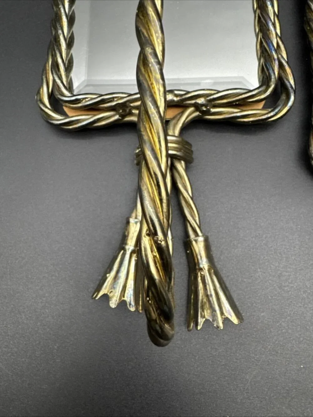 Vtg Midcentury French Gold Twisted Metal Rope Tassel Mirrored Candle Sconce Pair